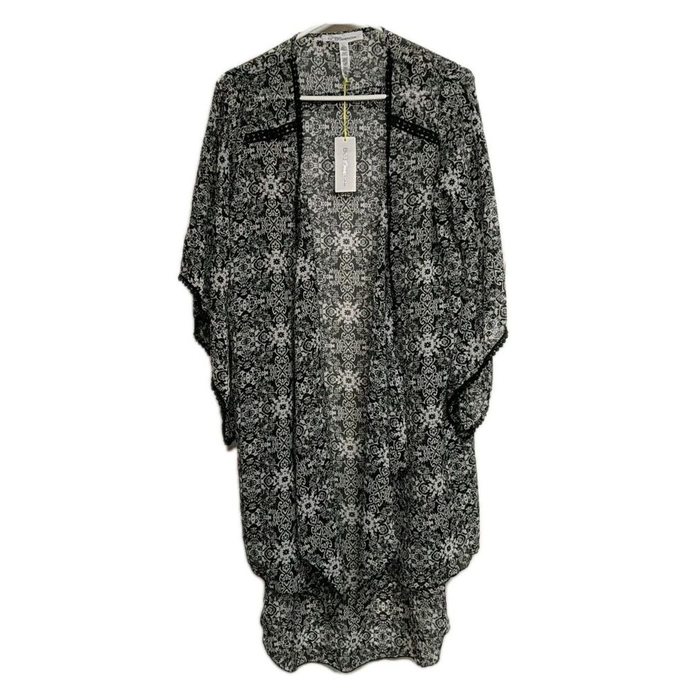 BCBGeneration Cover Up One Sz Open Front Long Tunic Pompon Trim Lightweight NEW